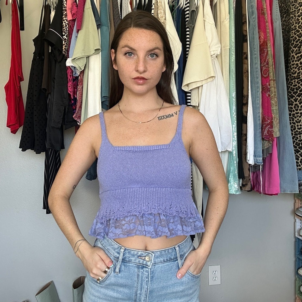 Zara Lilac Knit Lace Trim Cami Top Size M